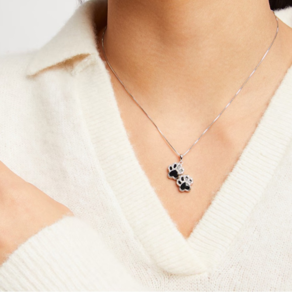 Black Onyx & Diamond Paw Prints Necklace 1/10 ct tw Sterling Silver